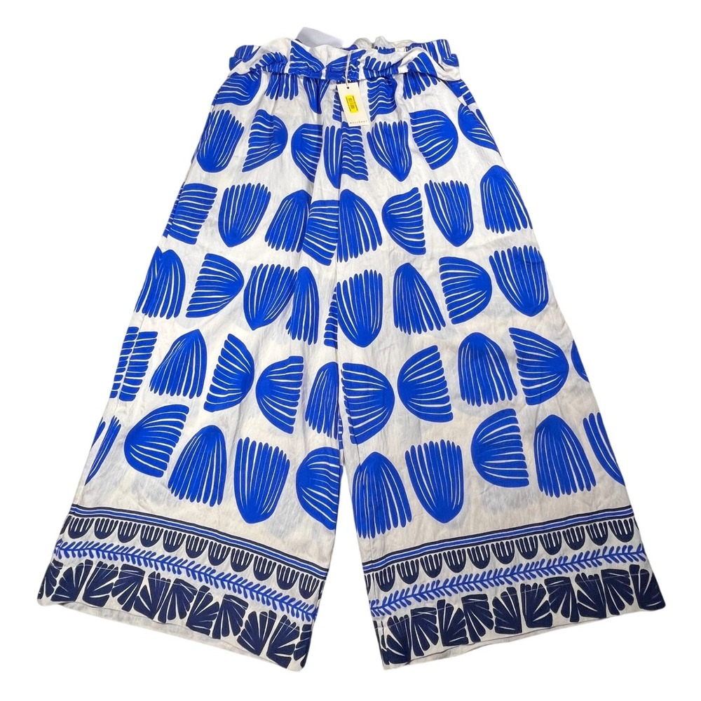 Melloday Wide Leg Pants Womens Large Blue White Shell Print Paperbag Waist NEW - Picture 2 of 10
